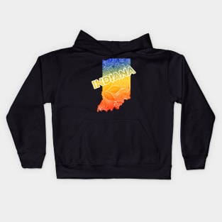 Colorful mandala art map of Indiana with text in blue, yellow, and red Kids Hoodie